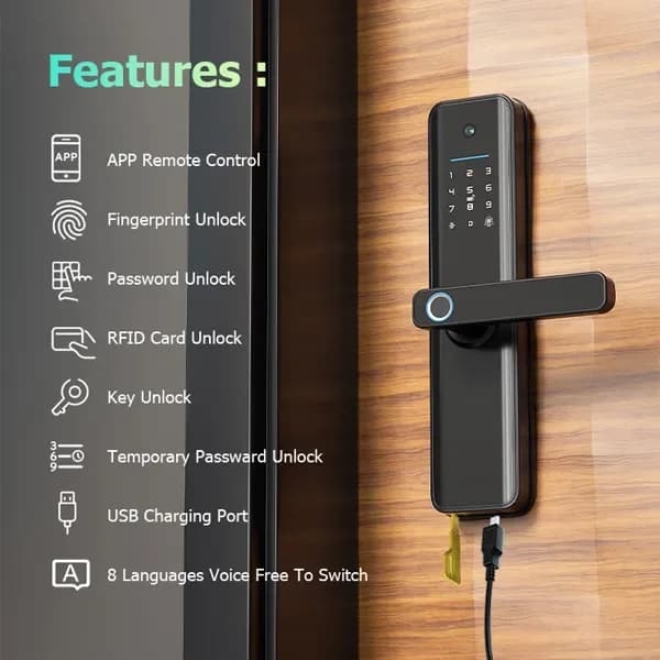 Wifi Video Camera Fingerprint Key Fob Smart Door Lock Handle Black