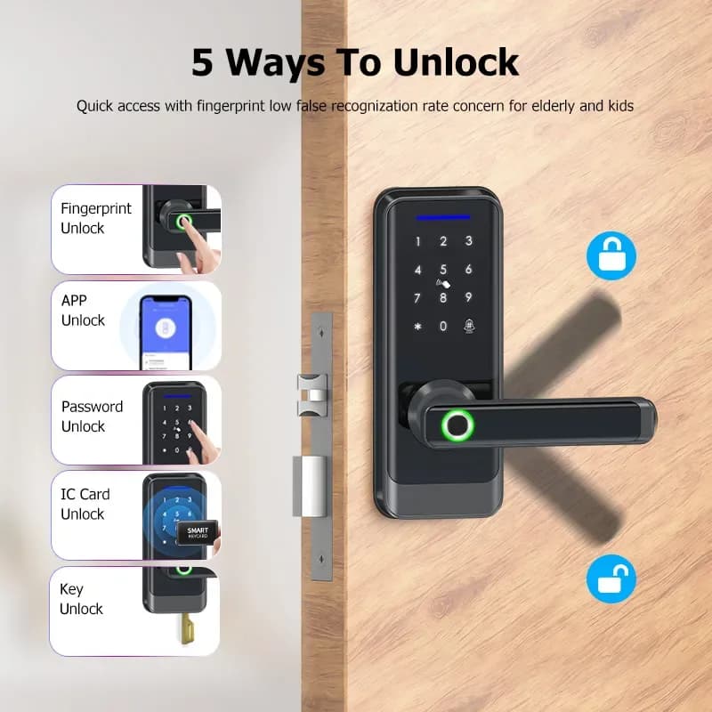 Wifi Fingerprint Key Fob Smart Door Lock Handle Black