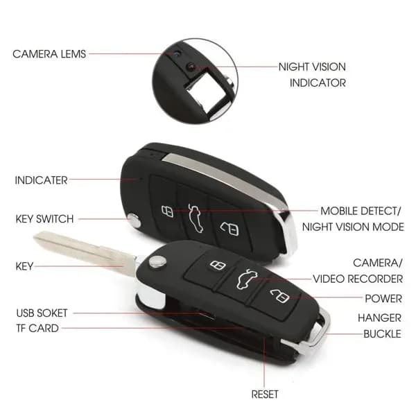1080P HD Remote Control Key Fob Motion Detection Night Vision Camera