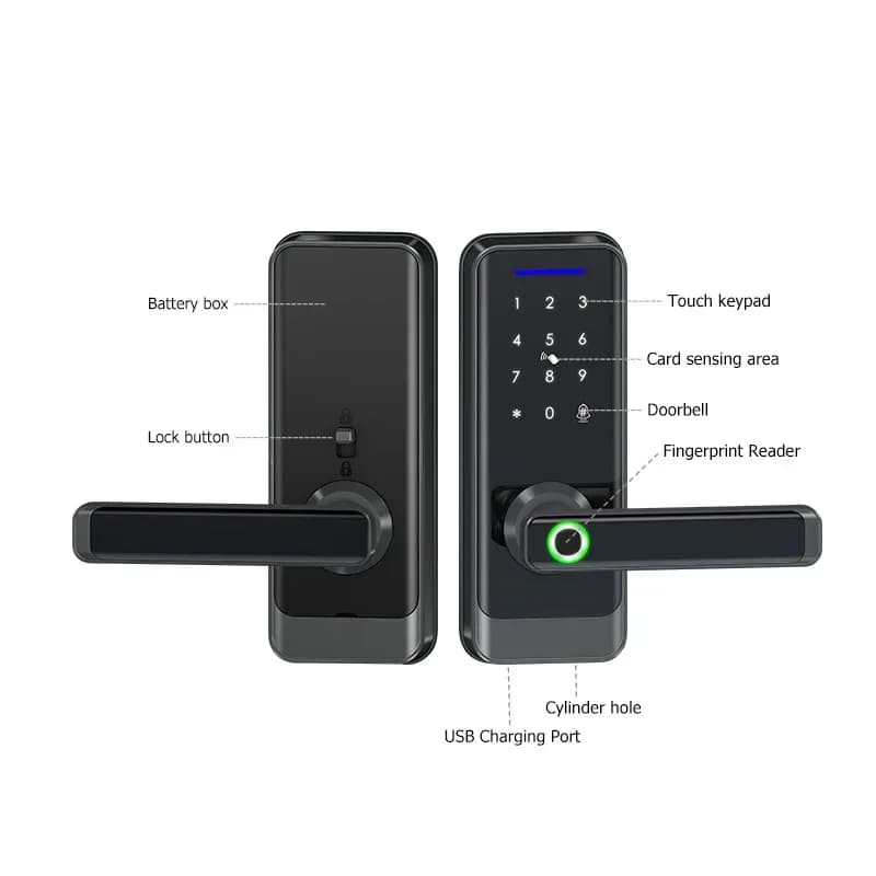 Wifi Fingerprint Key Fob Smart Door Lock Handle Black